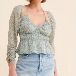 ✨Astr Floral Puff-Sleeve Peplum Top in Light Blue and Yellow✨